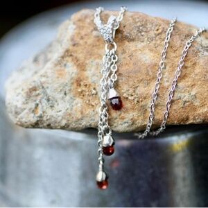 Delicate Multi Drop Natural Garnet Pendant Sterling Silver, January Birthstone